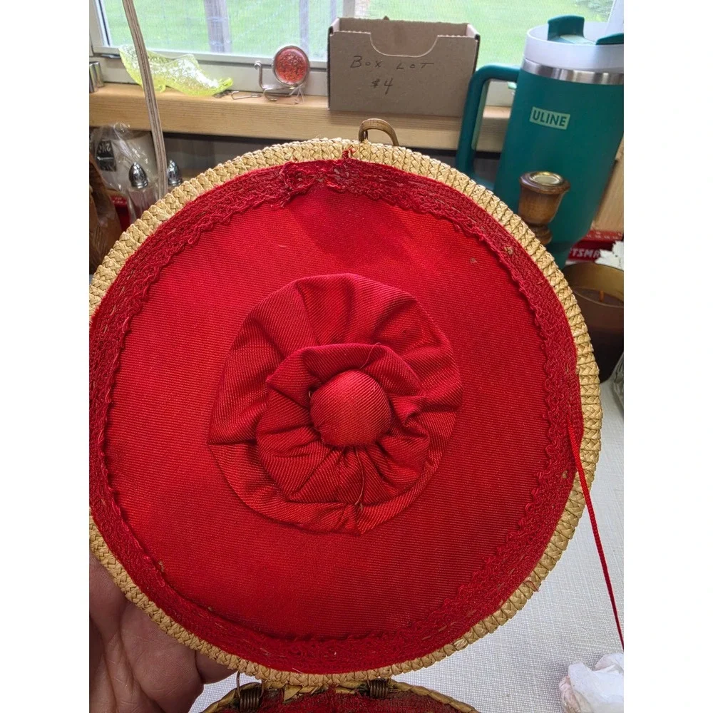 Vintage Woven Straw Sewing Basket Red Lining Raffia Floral Embroidery Round 9